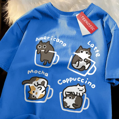 American Style Coffee Cat Japanese Style Tshirts Man Casual Breathable Cotton Loose Summer T-Shirt Loose Cotton Oversize T Shirt