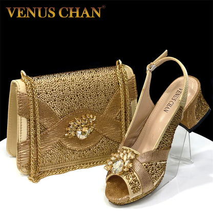 Elegant 2025 Gold Peep-Toe Heels with Diamond Accents - Italian Matching Pumps and Bag Set for Parties