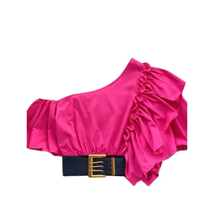 American Chic Blouse for Women Flounced Edge Skew Collar Bare Midriff Belt Skinny Shirts Summer Casual Female Tops Dropshipping