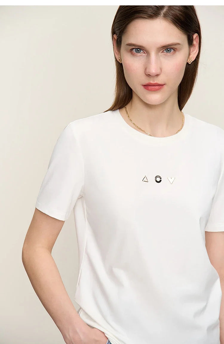 Minimalist T-shirt Women's Tops O-neck Short Sleeves Geometric Decoration Antibacterial Cotton Elastic Casual Tees 12521088