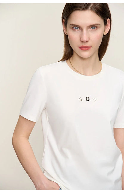 Minimalist T-shirt Women's Tops O-neck Short Sleeves Geometric Decoration Antibacterial Cotton Elastic Casual Tees 12521088