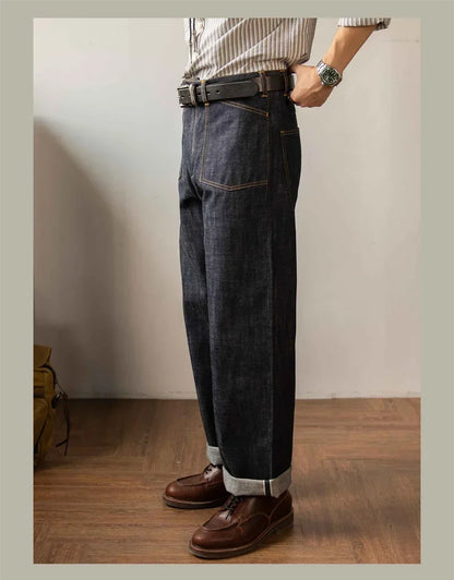 Denim Railroad Pants High Waist Rugged Style Selvage Jeans Back Buckle