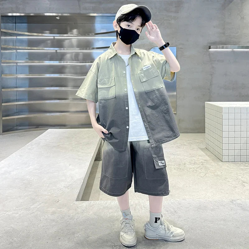 Loose Style Child Pocket Outfit Suit Cool Big Boys Summer Clothes Set Teens Kids Shirt+Shorts 2PCS Clothing Set Gradient Costume