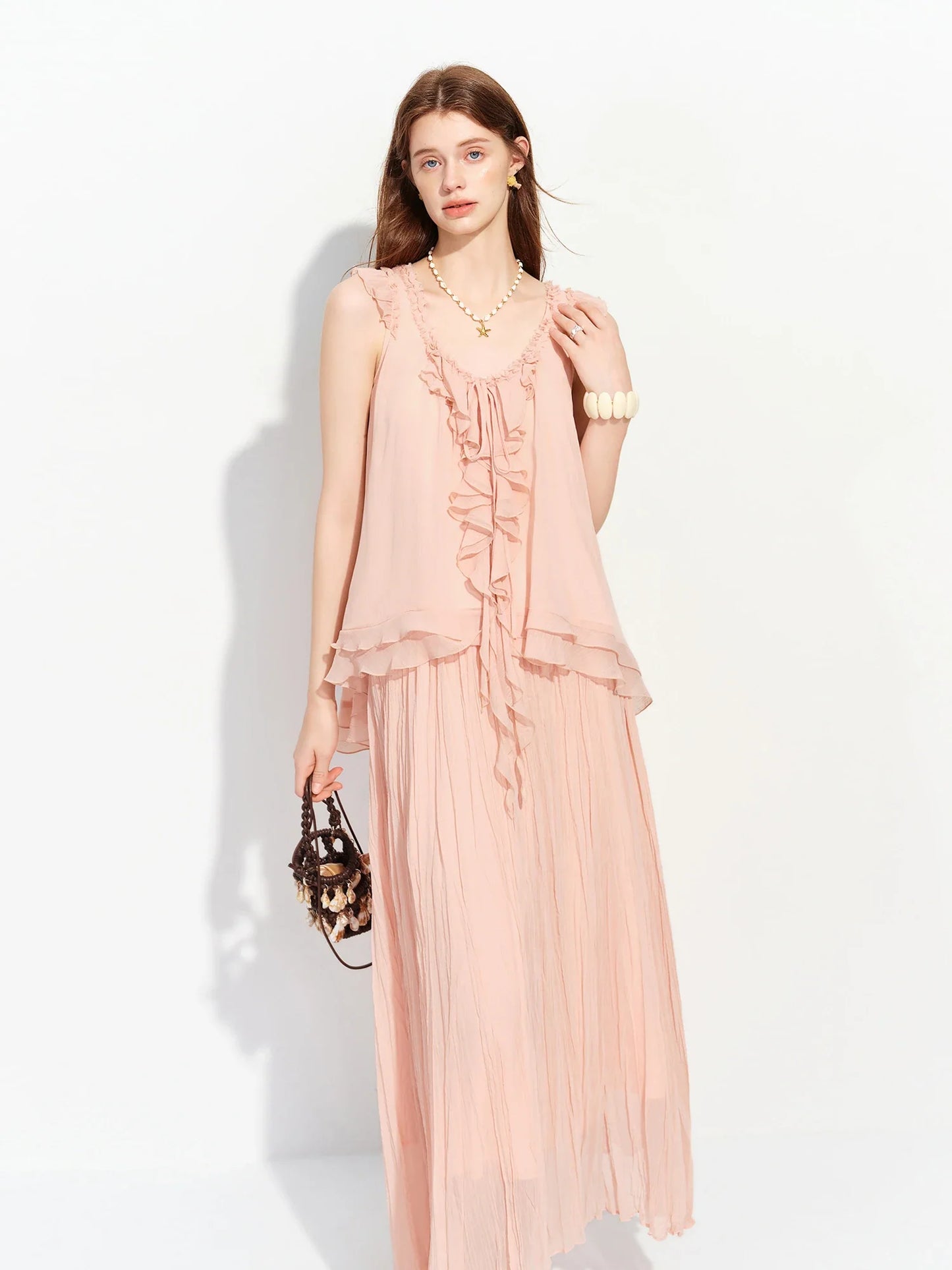 2026 Summer Women's French-Inspired Romantic V-Neck Self-Tie Blouse Ruffle Trim & Matching Separate for Daily