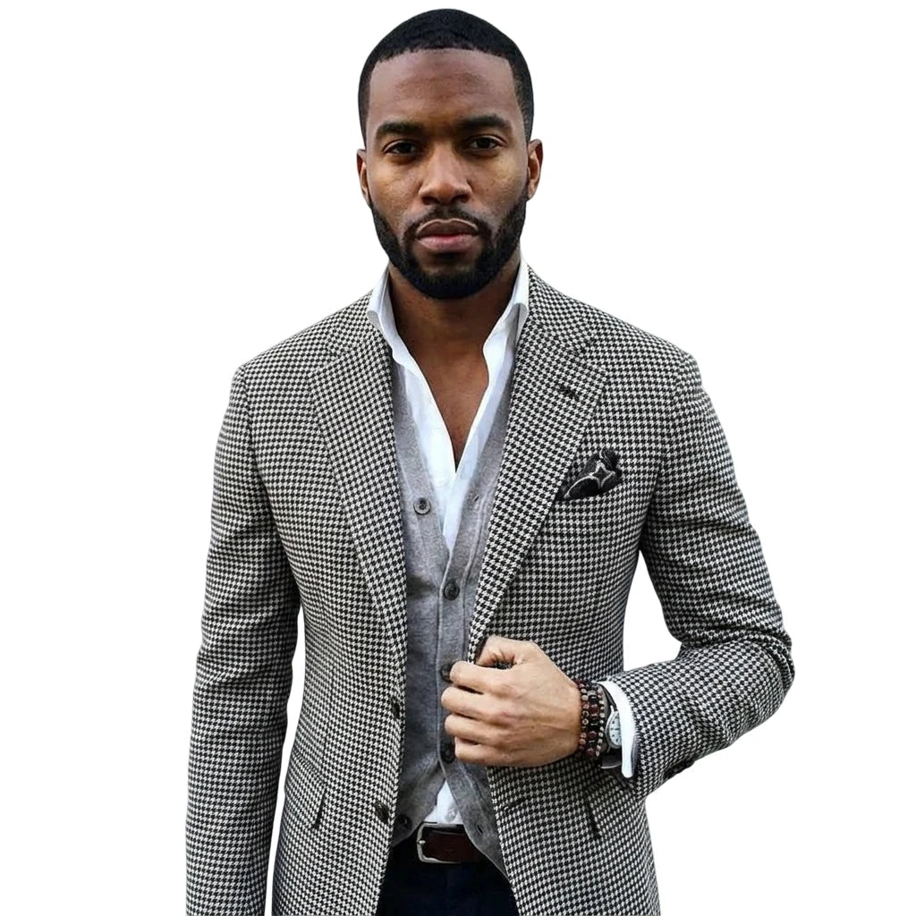 Plaid Suit Jacket for Men 1 Pieces Slim Fit Notched Lapel Houndstooth Wedding Blazer with Two Buttons Stock Classy Male Fashion