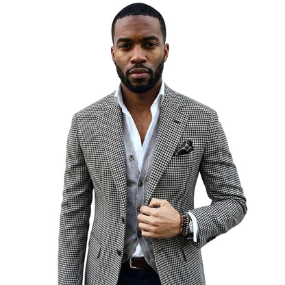 Plaid Suit Jacket for Men 1 Pieces Slim Fit Notched Lapel Houndstooth Wedding Blazer with Two Buttons Stock Classy Male Fashion