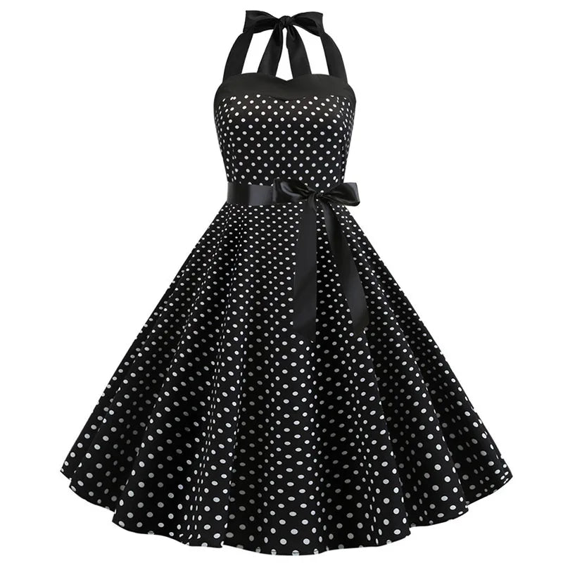 Sexy Retro White Polka Dot Dress Hepburn Vintage Halter Party Dress 50s 60s Pin Up Rockabilly Robe