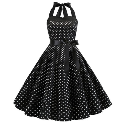 Sexy Retro White Polka Dot Dress Hepburn Vintage Halter Party Dress 50s 60s Pin Up Rockabilly Robe