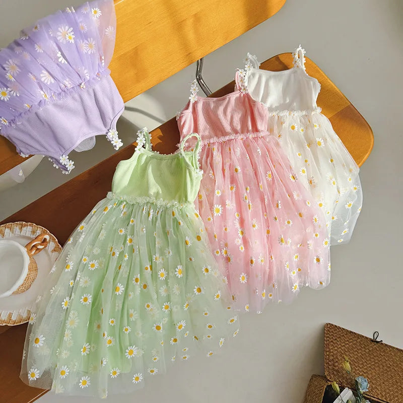 Girls Casual Dresses Little Daisy Flower Mesh Dress for Girls Summer Camisole Pompadour Dress Girls Clothes for2 To 7 Years
