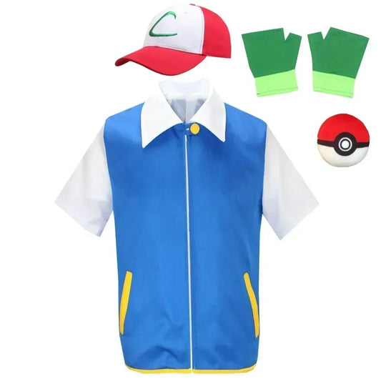 Ash Ketchum Cosplay Anime Clothes Men Blue Jacket Costume Boys Girls Cosplay for Party Trainer Pokemon Cap Gloves Set