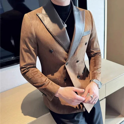 British Style Luxury Men Double Breasted Suit Jacket High Quality Fashion PU Leather Neck Spliced Coats Groom Social Party Dress