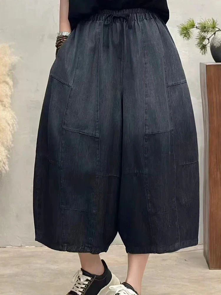 Women Summer Fashion Big Size Denim Pants 2025 Females Vintage Classic Loose Harem Trousers Elastic Waist Casual Jeans