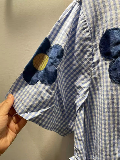 2026 Mori girl sweet blue yellow striped floral embroider patchwork dress for women summer Japan style 100% cotton long dress