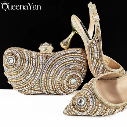 Nigerian Heel Party for Women Silver Color Shoes and Bag Set Rhinestone Handbag Italian Design Wedding INS 2025