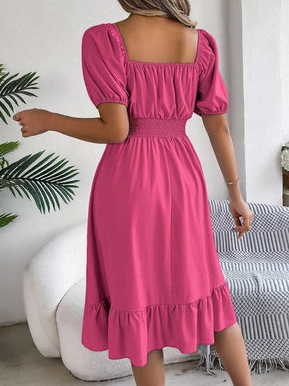 Spring Summer Elegant High Waisted Dress Square Neck Short Sleeved Ruffled Edge Long Dresses 2026 Valentine's Day Woman Clothing