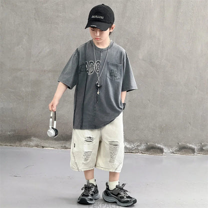 Cool Style Teenager Summer Set T-shirt And Ripped Denim Shorts Clothing Set for Kids Boy Age 7 To 14 Years Children Clothes Suit