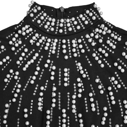 Temperament Elegant Party Diamond Pearl Long Bodycon Dress Women O Neck Long Sleeve Glitter Club Evening Black Sheath Maxi Dress