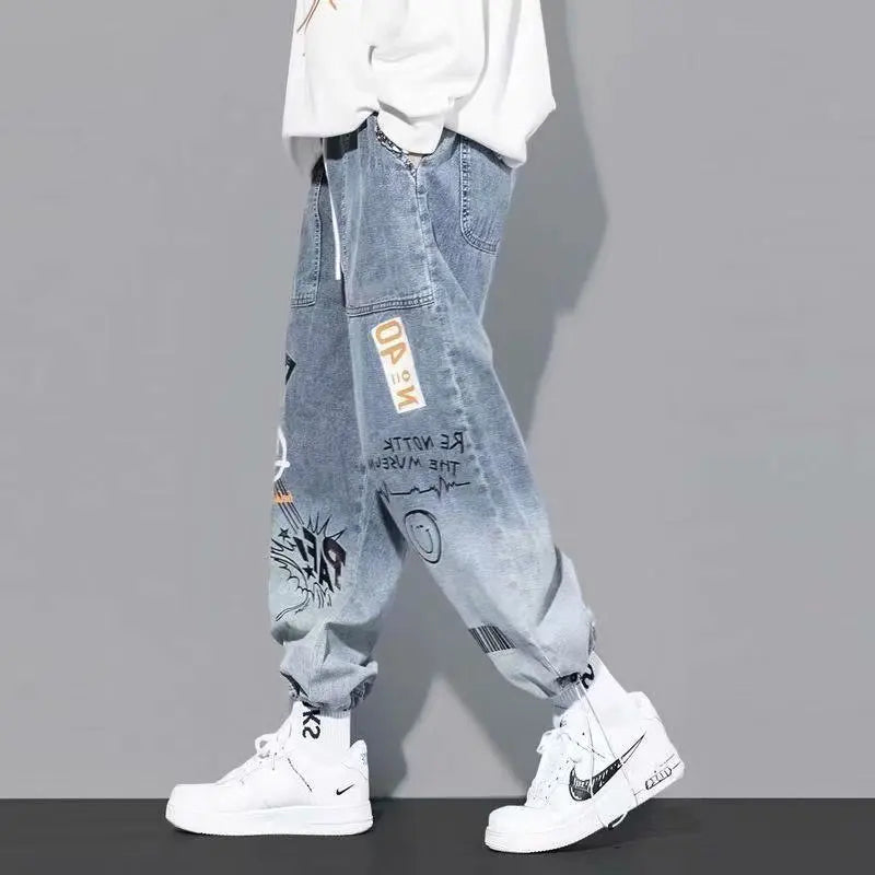 Korean Clothing  Men Letter Printed Jeans High Waisted Baggy Jeans Cartoon Graffiti Hip-Hop Pants Blue Jeans