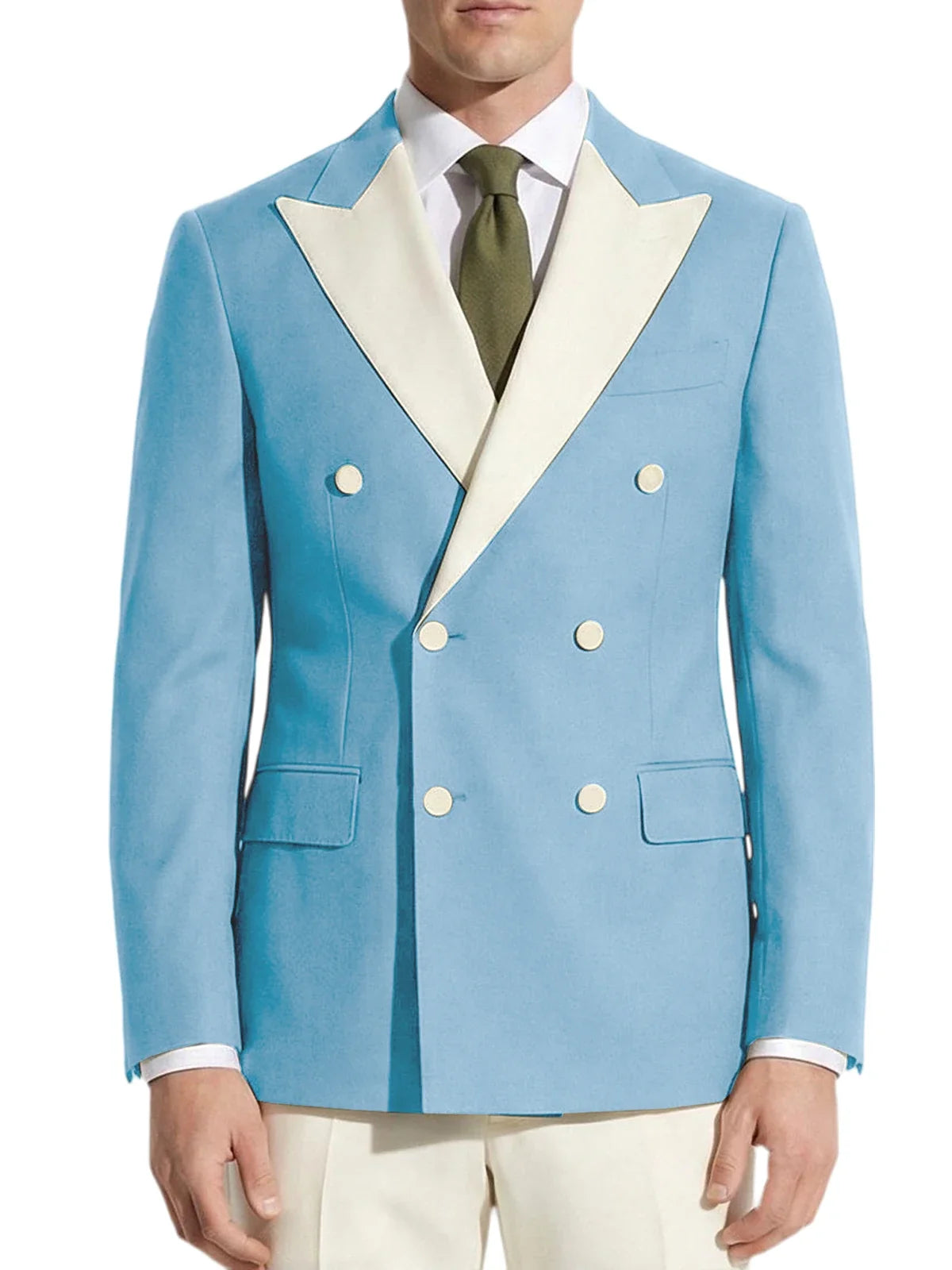 Classic Men's Tuxedo Jacket White Peak Lapel Patched Double Breasted Slim Fit Blazer for Business Formal Wedding Groom Prom Coat