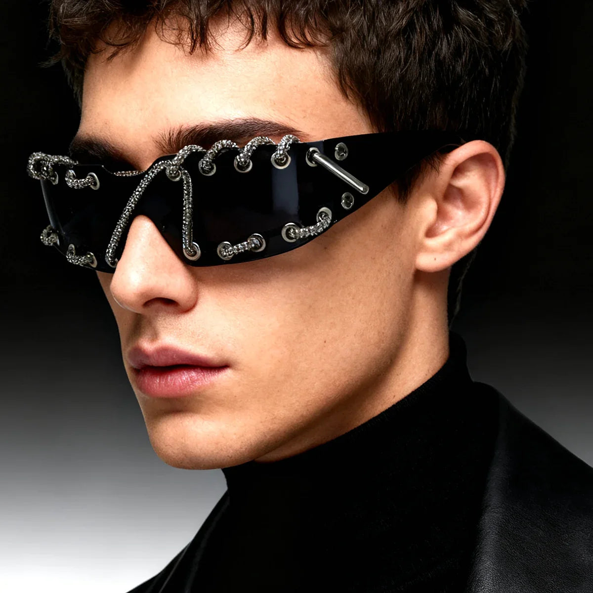 Punk Y2k sunglasses women Frameless  Sunglasses Crystal Chain One-piece Party Shades Bling Streetwear Luxury Accessories