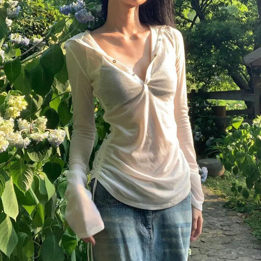 Y2K Sexy See Through Hooded T-Shirt Women Summer Sun Protection Long Sleeve V-Neck Sheer Top Harajuku Streetwear White Tee 2026
