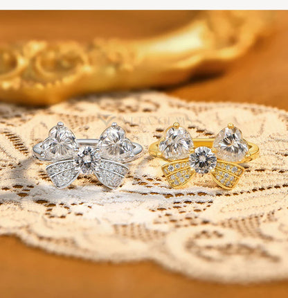 S925 Silver Heart Cut Bow Ring Full Moissanite Rings for Women Elegant Romantic Wedding Engagement Party Jewelry Gifts