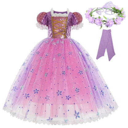 Rapunzel Short Sleeve Purple Puffy Dress + Accessories Girls Cosplay Rapunzel Summer Casual Dress Birthday Party Gift