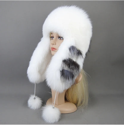 Hot Sale Lady Winter Warm Luxury 100% Natural Fox Fur Hat Fashion Fluffy Fox Fur Rex Rabbit Fur Caps Women Real Fur Bomber Hats