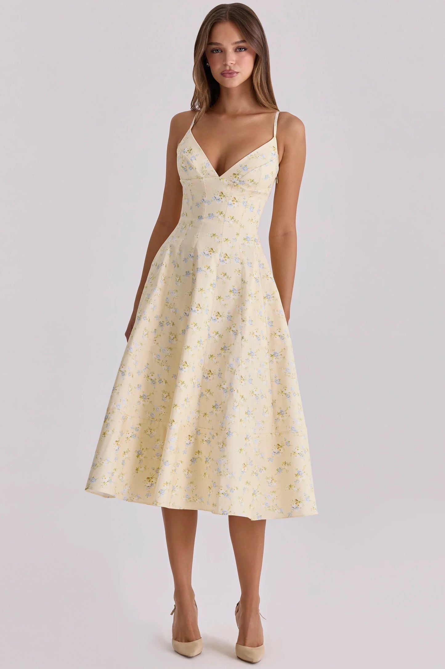 Summer V-neck Lace-up Back Floral Print A-line Midi Dress Casual Party Sun Dress for Women