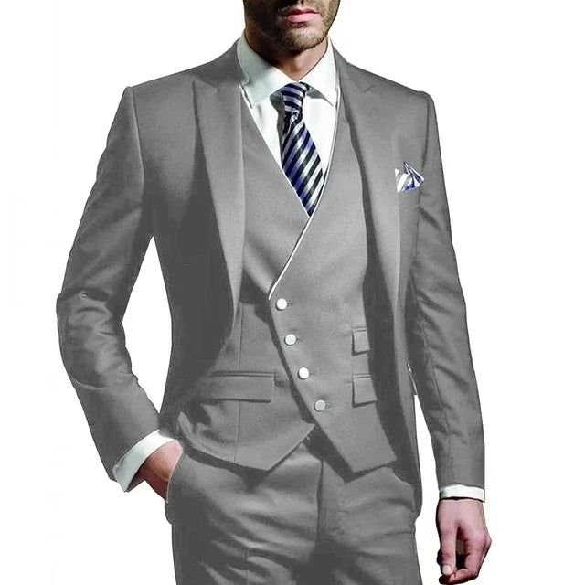 Men Suit  Army Green 3 Piece Groom Wear Peak Lapel Wedding Tuxedos Business Party Evening Jacket Vest With Pants