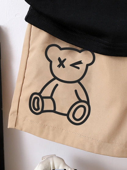 Summer Boy Cartoon Bear Children's 2-piece Set Round Neck T-shirt+Shorts Cool and Breathable