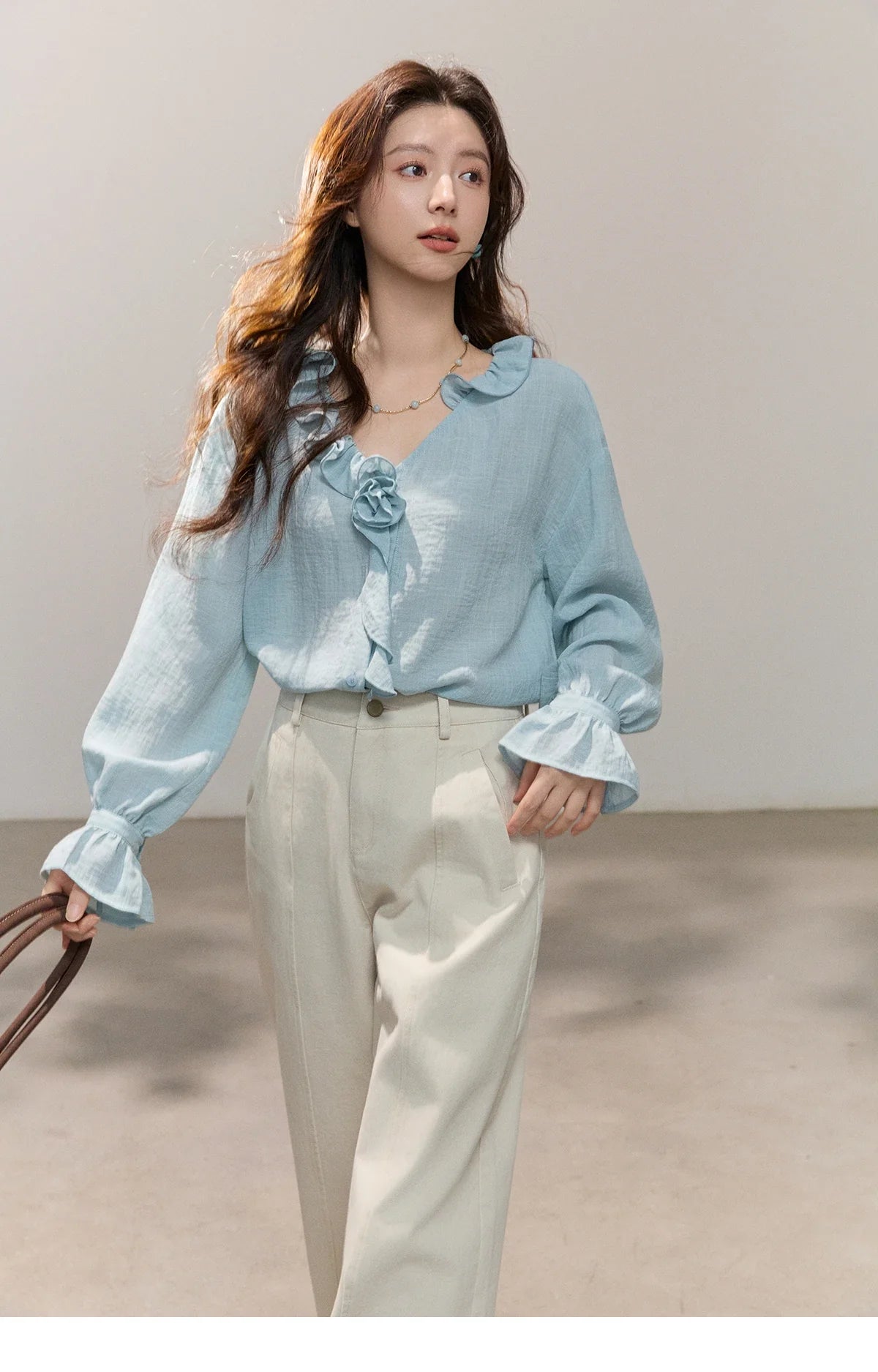 Women's Asymmetric Ruffled V-neck Shirt Spring Light Blue Floral Applique Ruffle Cuffs Top Elegant Loose Shirt MXF14C2448