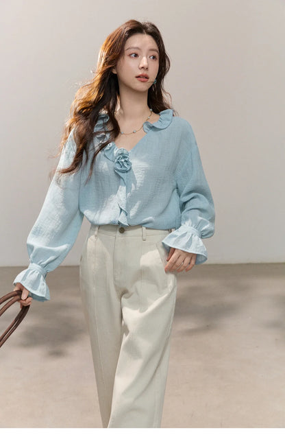 Women's Asymmetric Ruffled V-neck Shirt Spring Light Blue Floral Applique Ruffle Cuffs Top Elegant Loose Shirt MXF14C2448