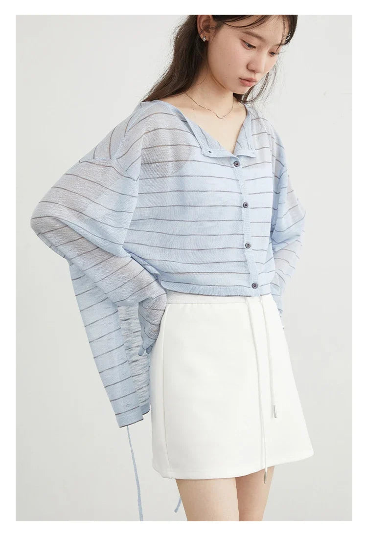 Korean Women T-Shirts Loose Casual New Striped Long Sleeve Sunscreen Shirt Designed Female Tees Summer 2025