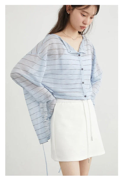 Korean Women T-Shirts Loose Casual New Striped Long Sleeve Sunscreen Shirt Designed Female Tees Summer 2025