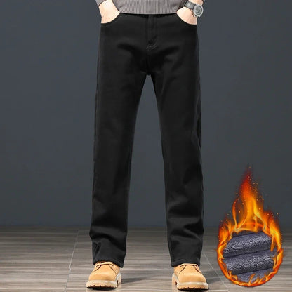 Winter Men's Fleece Warm Jeans Classic Black Plush Loose Straight Business Casual Pants Thermal Male Clothing 40 42 44
