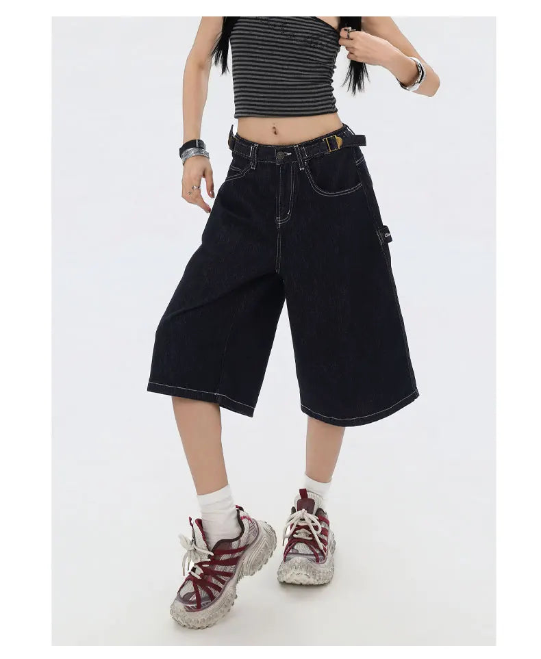 American High Street Fashion Loose Denim Shorts Retro Wide Leg Crop Pants Women Y2k High Waisted Embroidery Casual Mid Trouser