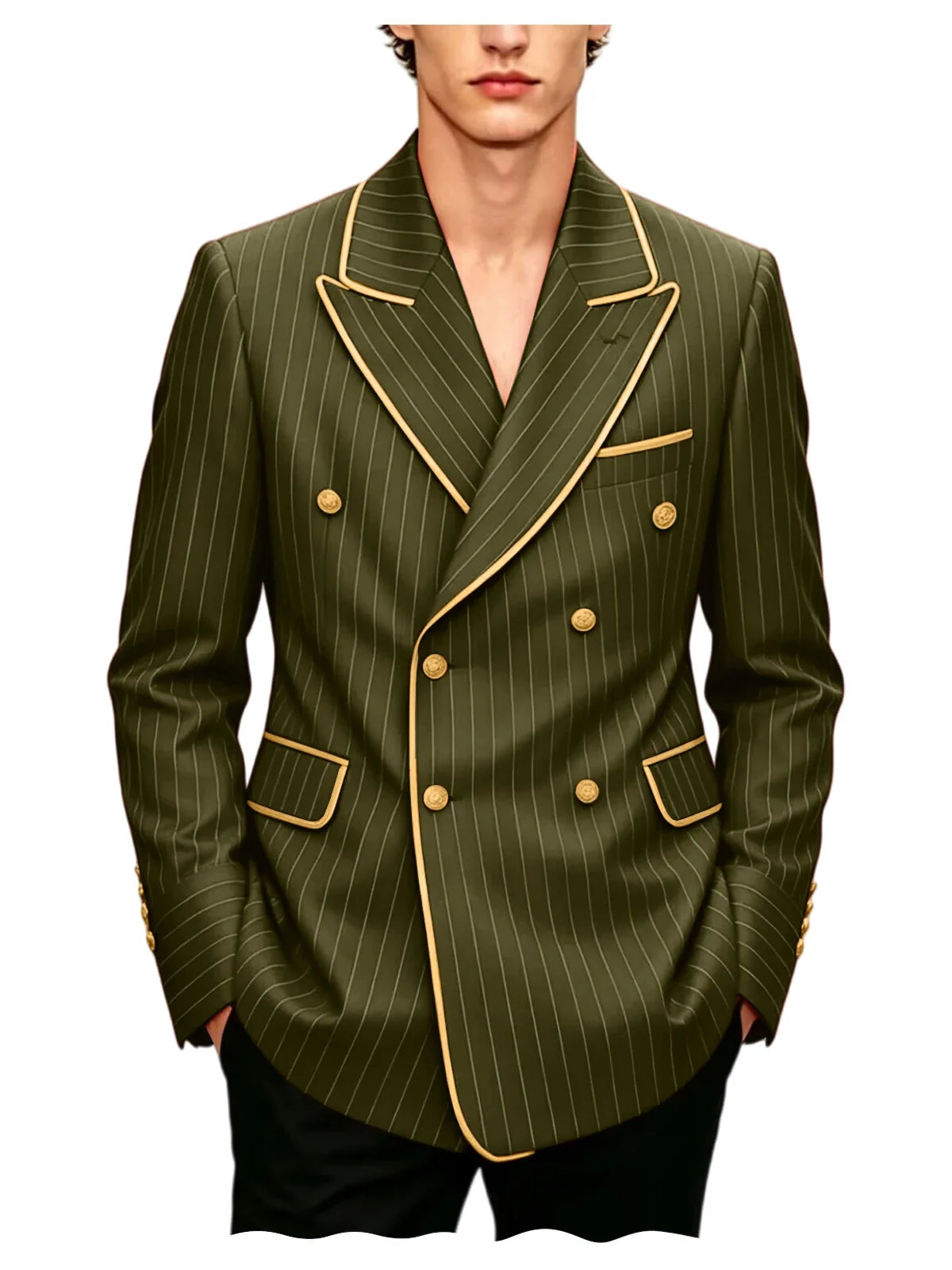 Luxury Men's Pinstripe Blazer Gold Trim Peak Lapel Formal Suit Breathable Lightweight Jacket for Business Party Wedding Coat