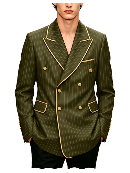 Luxury Men's Pinstripe Blazer Gold Trim Peak Lapel Formal Suit Breathable Lightweight Jacket for Business Party Wedding Coat