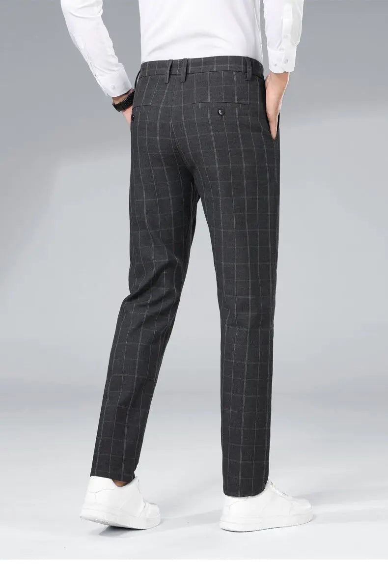 Autumn Winter Men's Business Casual Plaid Pants Korean Fashion Stretch Slim Fit Suit Pants Male Office Formal Versatile Trouser