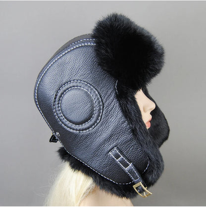 Hot Sale Winter Women's 100% Real Rabbit Fur Bomber Hat Ushanka Cap Trapper Russian Woman Ski Hats Caps Real Sheepskin Leather