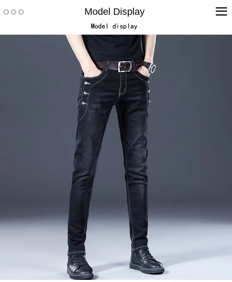 Stylish Black Luxury Men's Korean Streetwear Punk Fashion Comfortable Stretch Jeans Slim Fit Straight Leg Casual Denim Pants