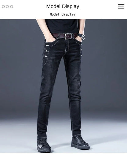 Stylish Black Luxury Men's Korean Streetwear Punk Fashion Comfortable Stretch Jeans Slim Fit Straight Leg Casual Denim Pants
