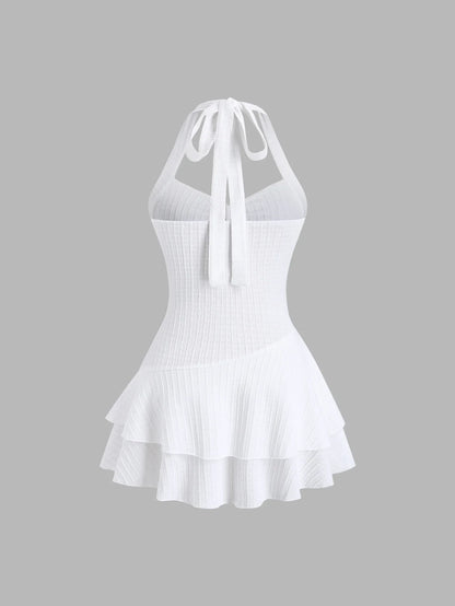 White Halter Neck Mini Dress Women's Ruffled Starfish Embellished Summer Casual Evening Gown