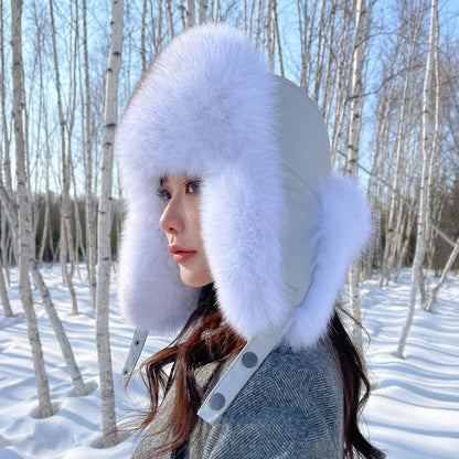 Winter Warm Real Fox Fur Hat Ear-Protecting Hats Women's Genuine Leather Windproof Fox Fur Bomber Hat Thickened Sheepskin Cap
