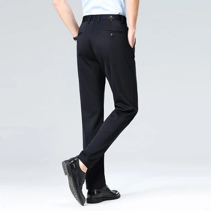 High-stretch fabric men's business trousers suitable for all seasons, featuring an elastic waistband and classic office/work for