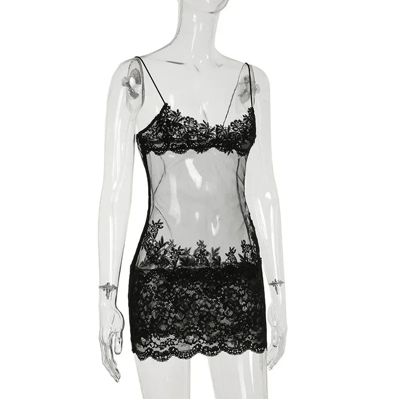 Lace Transparent Mini Dress Sexy Women Wrapping Spaghetti Embroidery Flower Sheath Nightwear Club Mesh Wave Fantacy