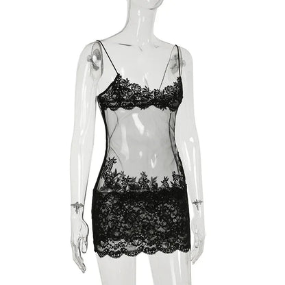 Lace Transparent Mini Dress Sexy Women Wrapping Spaghetti Embroidery Flower Sheath Nightwear Club Mesh Wave Fantacy