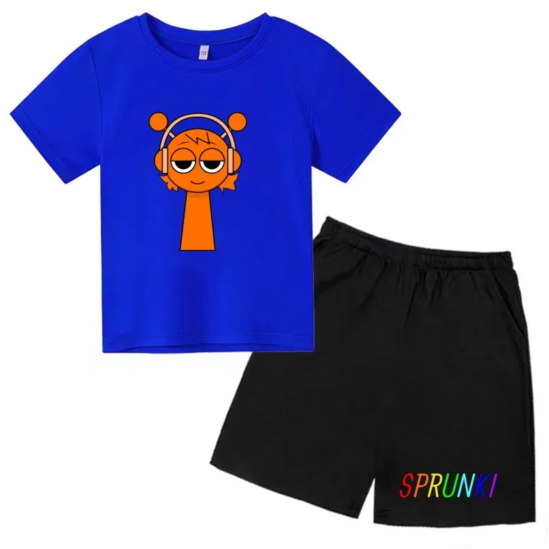 2026 Sprunki Kids T-Shirt + Shorts Set, Boys Girls Cartoon Game Printed Cotton Short Sleeve 2Pcs Summer Casual Outfit