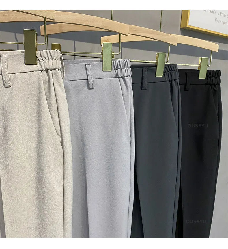 Summer Men's Casual Pants Suit Pant Slim Fit Work Elastic Waist Thin Jogging Business Trousers Male Black Grey Plus Size 40